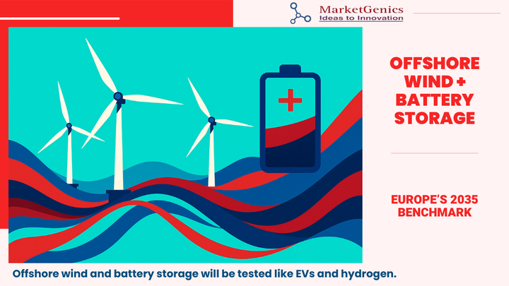 Offshore Wind and Battery Storage | Europe 2035 Energy Future Illustration of offshore wind turbines and battery storage integration, symbolizing Europe’s 2035 renewable energy benchmark