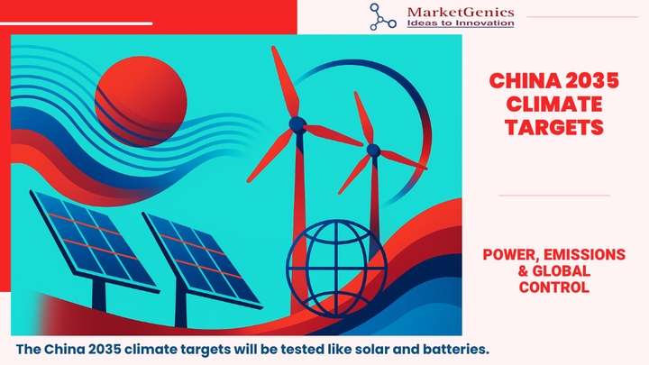 China 2035 Climate Targets and Renewable Energy Goals – Market and Global Energy Transition Insights Cover image illustrating China 2035 climate targets with bright aqua background and red-blue graphics symbolizing renewable energy, emissions reduction pledge, and global energy transition 2035
